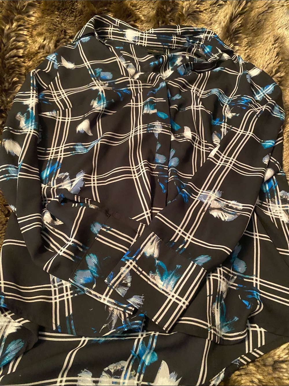 Worthington Black Blouse with Blue and White Floral Plaid